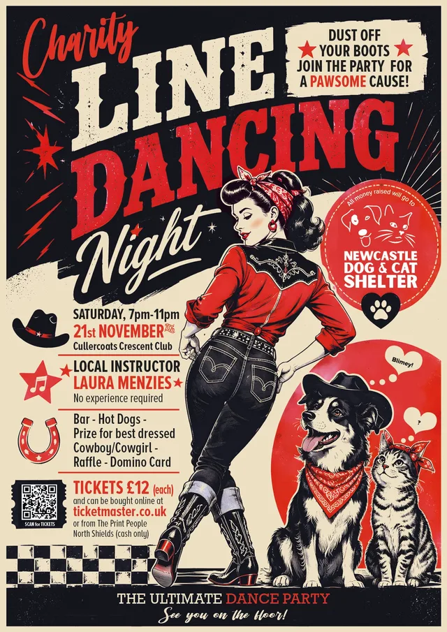 Charity Line Dancing Night poster for Saturday 21st November 2026 at Cullercoats Crescent Club, raising money for Newcastle Dog and Cat Shelter